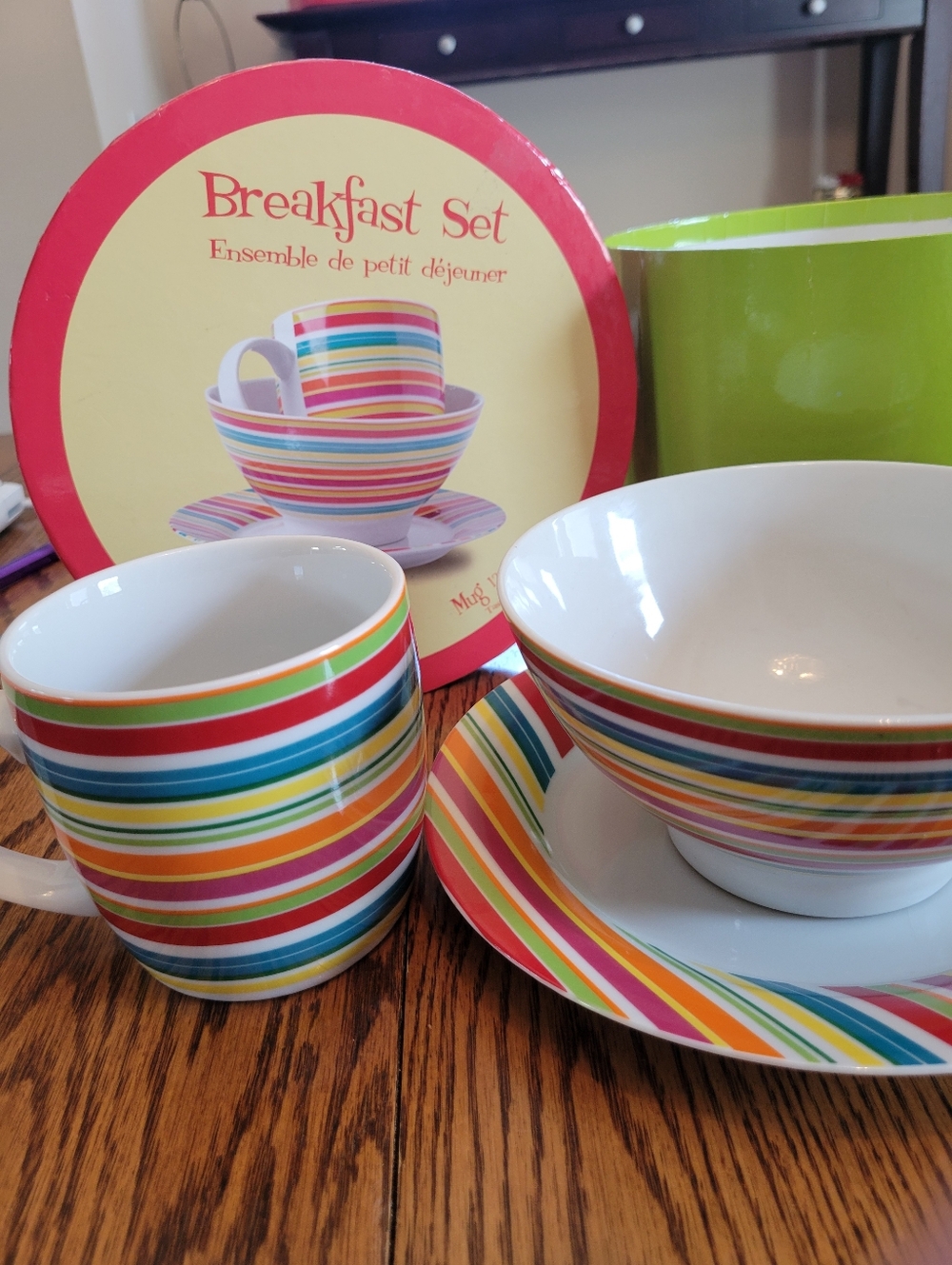 Danica Breakfast Set - Multicolor Striped Dining Set Mug Bowl Plate ~ Colorful!